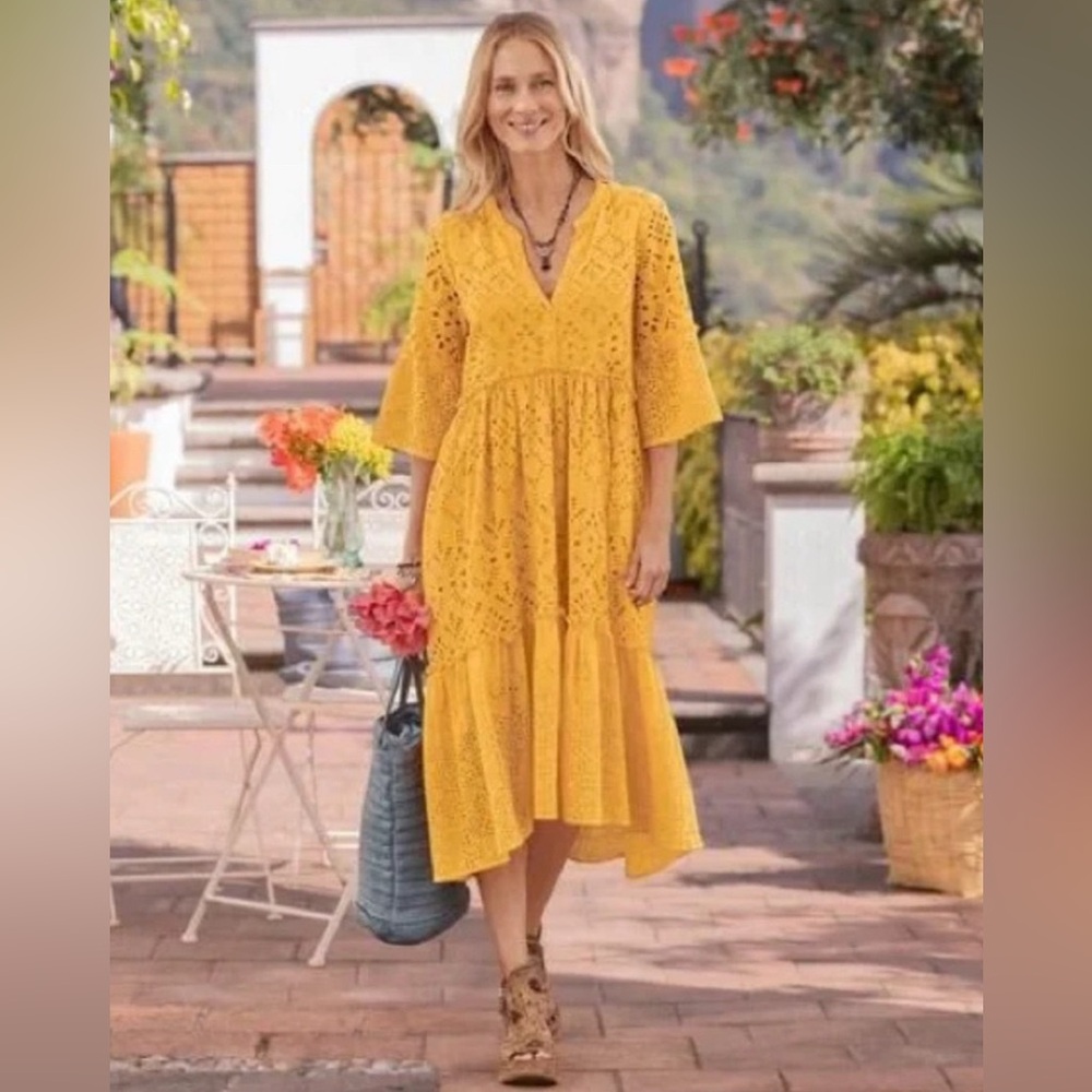 Sundance Selma Yellow Embroidered Eyelet Peasant Dress Midi XS EUC